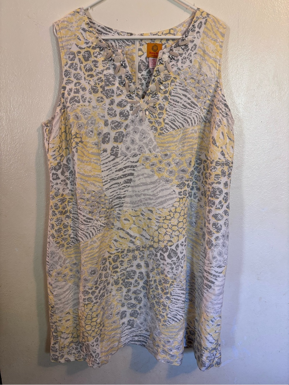 Ruby Rd. Embellished Animal-Print Sleeveless Top in Yellow, Gray & White